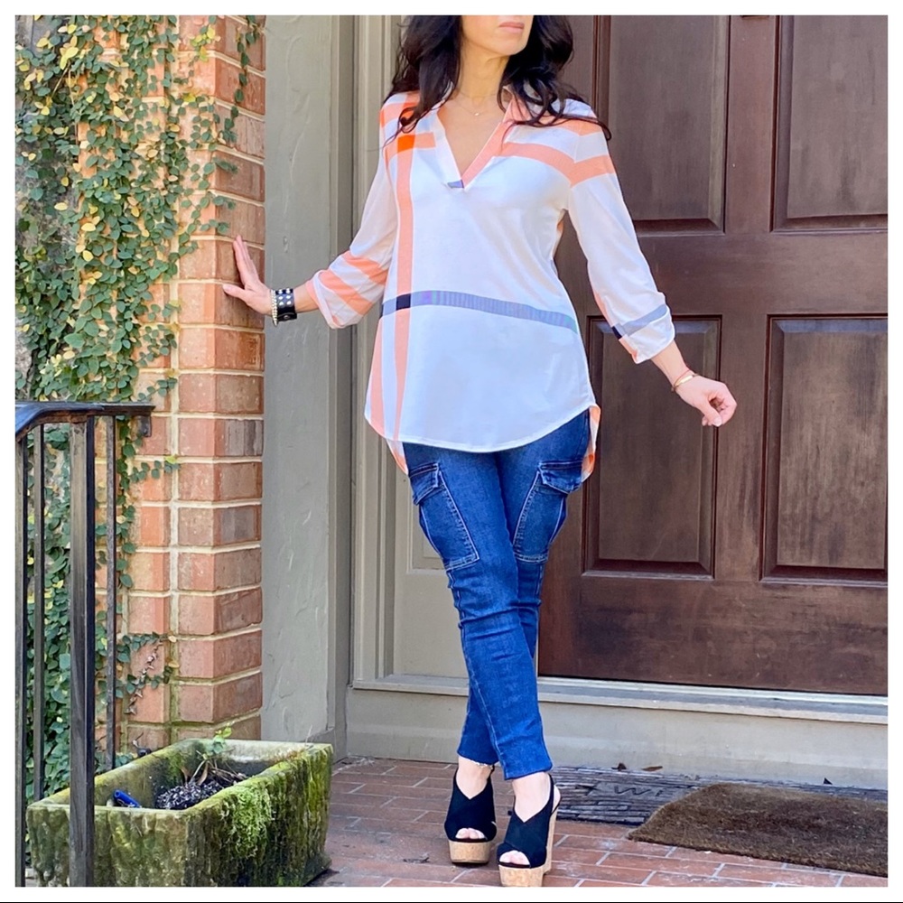 Beige inspired plaid rolled sleeves tunic top - Picture 12 of 16